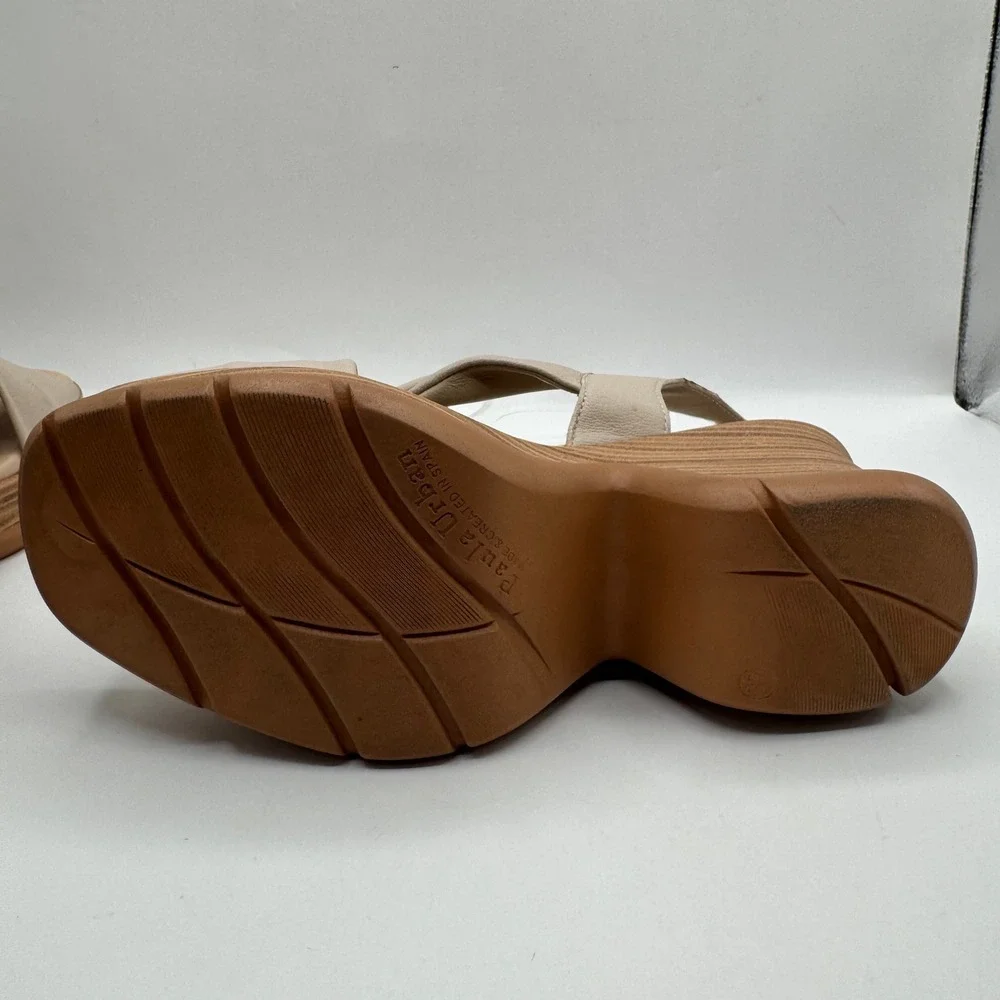 Paula Urban Leather Platform Wedge Sandals Womens 37 Beige Twisted‎ Slingback